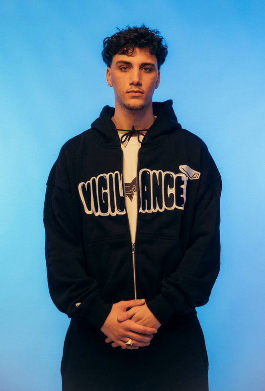 VIGILANCE BLACK ZIP-UP HOODIE