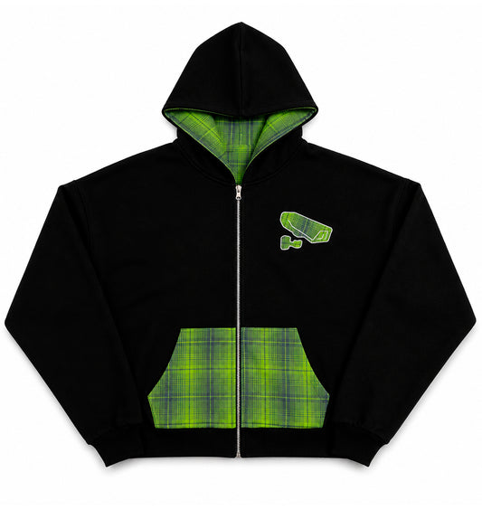 BLACK/GREEN REVERSIBLE PLAID ZIP-UP HOODIE