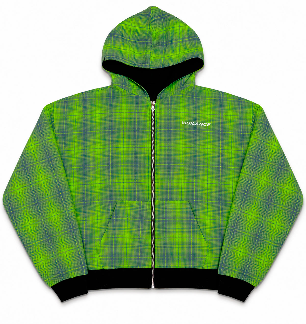 BLACK/GREEN REVERSIBLE PLAID ZIP-UP HOODIE