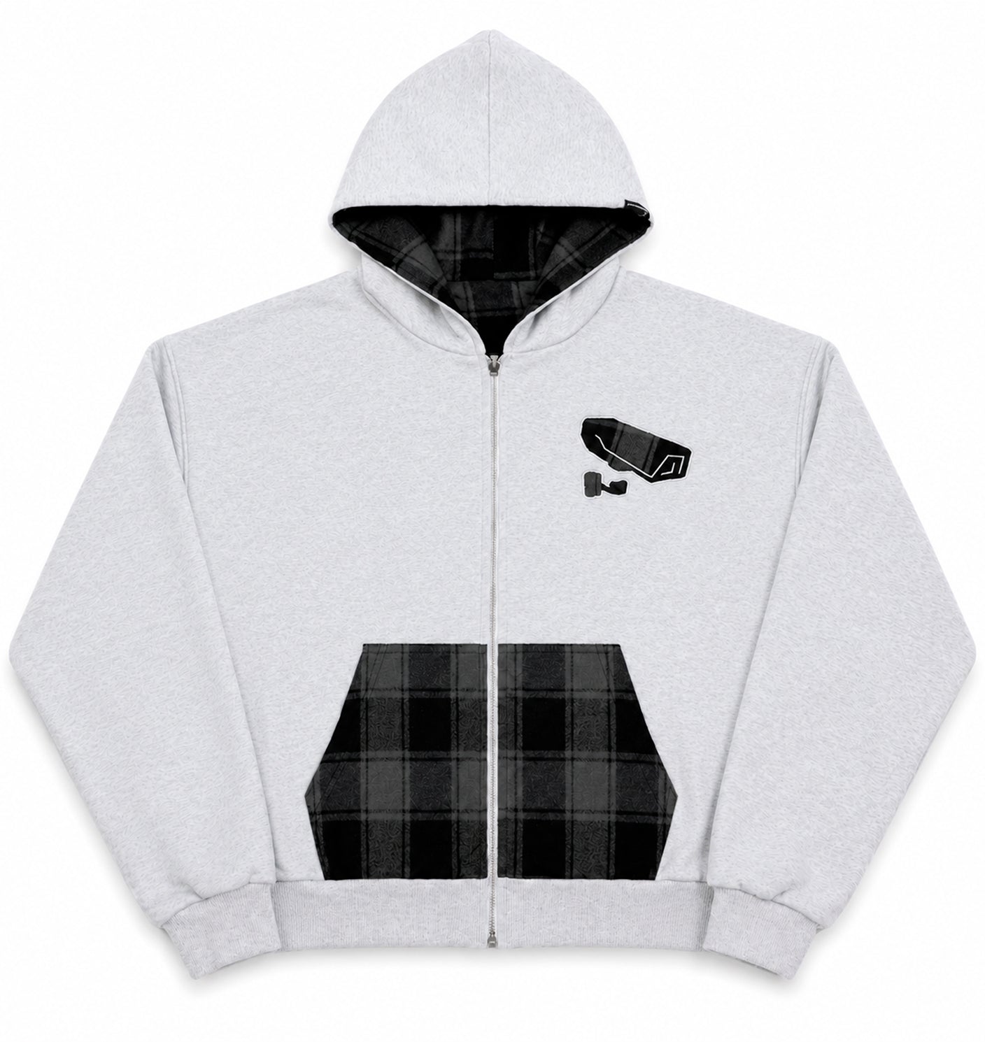 GREY/BLACK REVERSIBLE PLAID ZIP-UP HOODIE