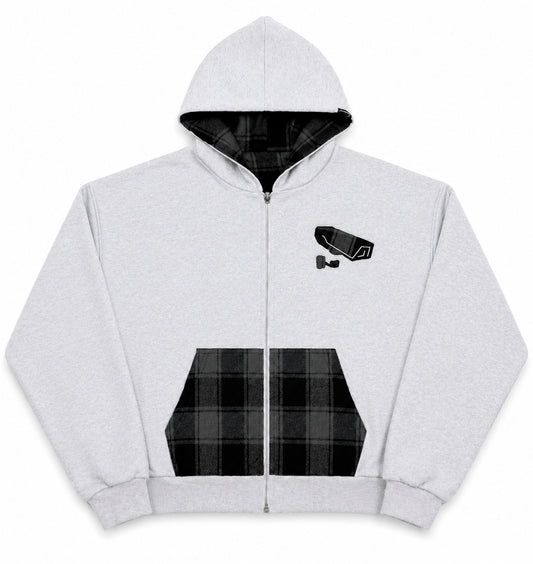 GREY/BLACK REVERSIBLE PLAID ZIP-UP HOODIE