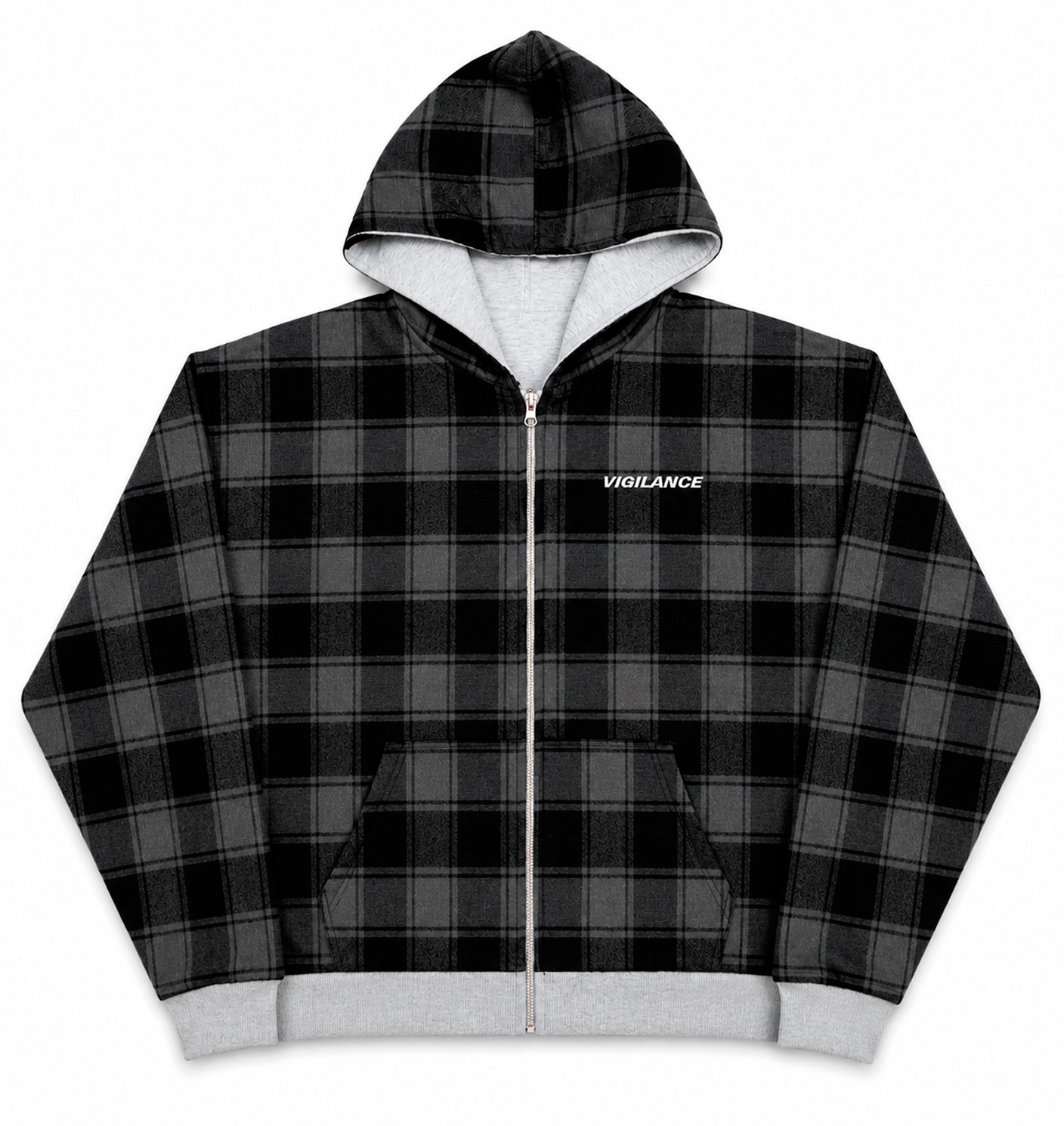 GREY/BLACK REVERSIBLE PLAID ZIP-UP HOODIE