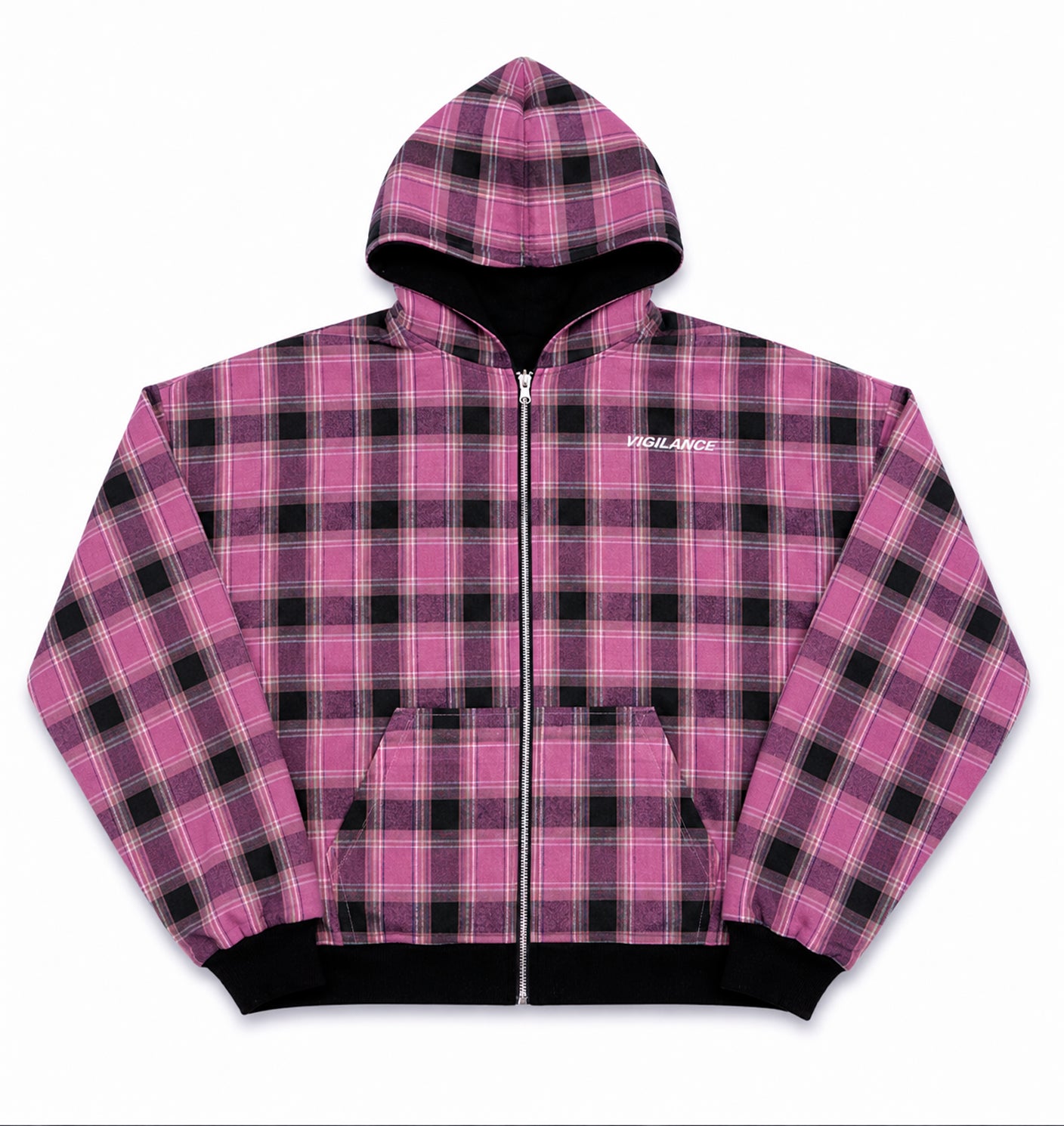 BLACK/PINK REVERSIBLE PLAID ZIP-UP HOODIE