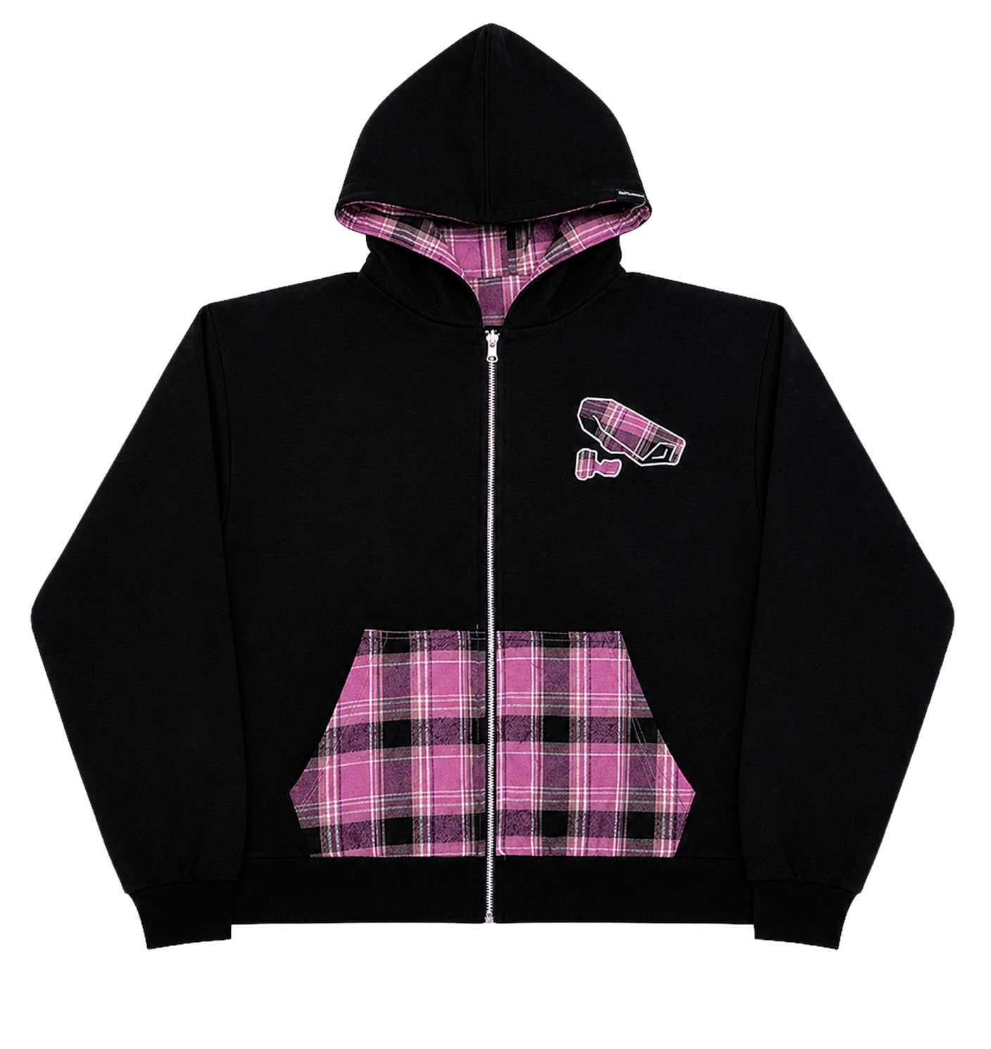 BLACK/PINK REVERSIBLE PLAID ZIP-UP HOODIE